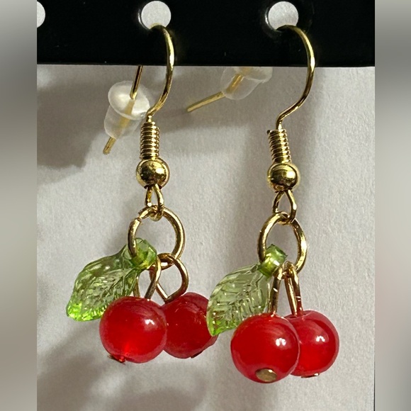 Handmade Jewelry - Handmade Cherry Dangle Earrings in Red and Gold Brand New
